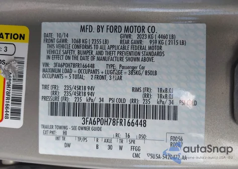 2015 Ford Fusion Se из США, поврежденный, VIN 3FA6P0H78FR166448